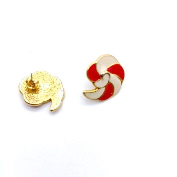 Spiral Shell Enamel Stud Earrings, Vintage Red and White Candy Cane Stripes - Picture 4 of 4